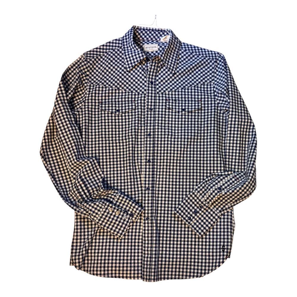Stetson Men's Western Button Up Shirt Medium Blue Gingham Plaid Long Sleeve